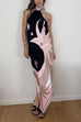 Margovil Halter Neck Open Back Asymmetric Hem Printed Satin Midi Dress