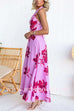 Halter V Neck Back Lace-up Floral Print Swing Maxi Dress