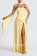 Margovil Strapless Back Lace-up High Slit Splice Maxi Dress