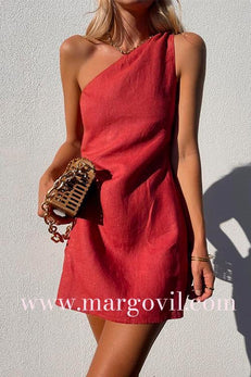 Margovil One Shoulder Solid Cotton Linen Mini Dress