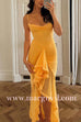 Margovil Spaghetti Strap Frill Trim Draped Slit Maxi Dress