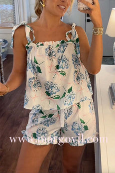 Floral Print Bow Shoulder Cami Top and Ruffle Shorts Pajama Set