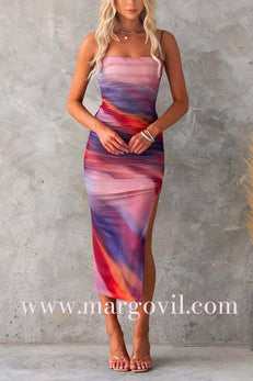 Side Split Ruched Mesh Tie Dye Midi Cami Dress