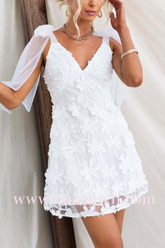 V Neck Bow Shoulder Floral Embroidered Mesh Mini Dress