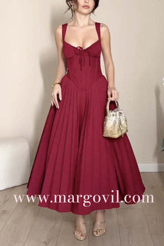 Drawstring V Neck Lace-up Back Pleated Midi Cami Dress