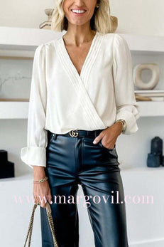 V Neck Long Sleeves Solid Wrapped Shirt