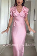 V Neck Short Sleeves Ruffle Satin Midi Dress