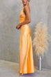 Halter V Neck Backless Ruched Waist Satin Maxi Dress