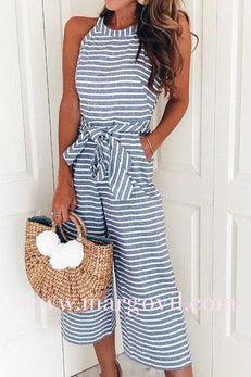 Margovil Sleeveless Knot Waist Wide Leg Striped Jumpsuit