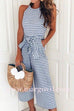 Margovil Sleeveless Knot Waist Wide Leg Striped Jumpsuit