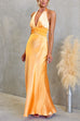 Halter V Neck Backless Ruched Waist Satin Maxi Dress