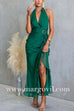 Halter Open Back Gold Buckle Detail Ruffle Slit Maxi Dress