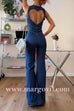 Margovil Zip Up Sleeveless Heart Back Bell Bottom Denim Jumpsuit
