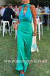 Deep V Neck Halter Open Back Color Block Satin Maxi Dress