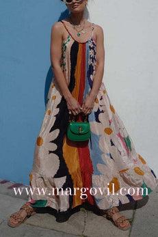 Scoop Neck Color Block Floral Print Ruffle Maxi Cami Dress