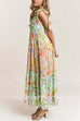 Margovil V Neck Bow Shoulder Tiered Floral Print Maxi Dress