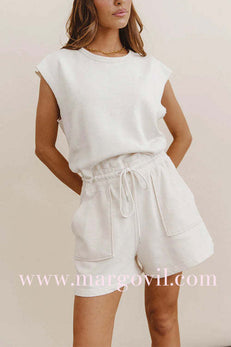 Cap Sleeves Drawstring Waist Pocketed Romper