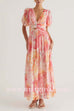 V Neck Puff Sleeves Ruched Waist Printed Maxi Dress
