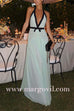 Margovil Deep V Neck Halter Backless Color Block Bow Maxi Dress