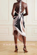 Margovil Halter Neck Open Back Asymmetric Hem Printed Satin Midi Dress