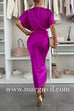 Margovil V Neck Twist Front Waisted Satin Midi Dress