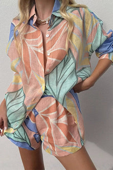 Margovil Unique Print Long Sleeves Button Up Shirt and Pocketed Shorts Linen Set