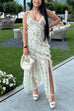 Spaghetti Strap Ruffle Trim Slit Floral Print Maxi Dress