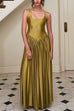U Neck Sleeveless Pleated Satin Maxi Dress