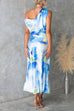 Asymmetric One Shoulder Tie Waist Slit Tie Dye Maxi Dress