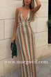 Margovil Halter V Neck Backless Color Block Crochet Maxi Dress