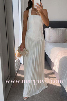 Halter Sleeveless Pleated Splice Maxi Dress