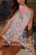 Halter Tie Back Scarf Top and Elastic Waist Shorts Printed Set