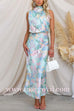 Margovil Irregular Tie Neck Waisted Floral Printed Maxi Satin Dress
