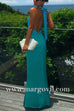 Deep V Neck Halter Open Back Color Block Satin Maxi Dress