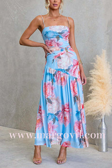 Strappy Ruched Waist Slit Floral Print Maxi Dress