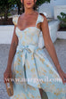 Margovil Ruffled Shoulder Bow Knot Waist Slit Printed Vintage Party Dress
