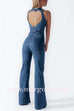 Margovil Zip Up Sleeveless Heart Back Bell Bottom Denim Jumpsuit