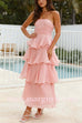 Margovil Strapless Empire Waist Ruffle Layered Maxi Dress