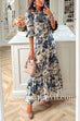 Bell Sleeves Waisted Landscape Printed Maxi Ruffle Dress