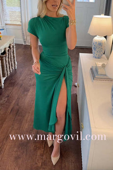Short Sleeves Draped Slit Bodycon Maxi Dress
