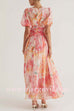 V Neck Puff Sleeves Ruched Waist Printed Maxi Dress