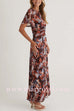 Crewneck Flare Sleeves Ruched Print Maxi Dress