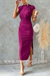 Ruched Cap Sleeve Side Slit Bodycon Midi Dress