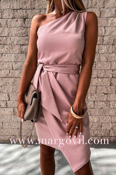 Margovil One Shoulder Sleeveless Tie Waist Ruched Dress