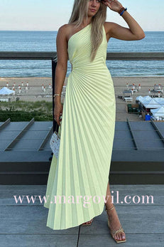 Margovil One Shoulder Cut Out Irregular Hem Pleated Satin Maxi Dress