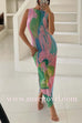 Margovil Sleeveless Side Slit Open Back Colorful Print Maxi Dress