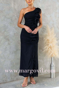 Margovil One Shoulder Slit Ruched Ruffle Mesh Maxi Dress