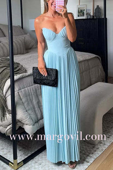 Margovil Strapless V Neck Corset Pleated Maxi Dress