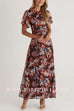Crewneck Flare Sleeves Ruched Print Maxi Dress