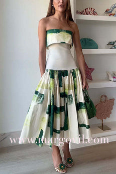 Strapless Drop Waist Printed Flare Midi Dress